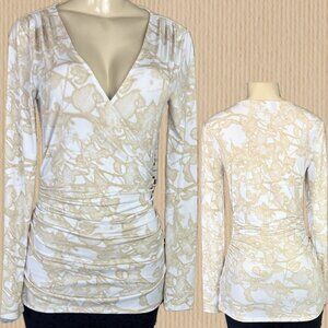 Jennifer Lopez S Beige/Cream Surplice Neck Floral Ruched Side Long Sleeve Blouse